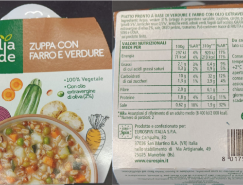 Zuppa fresca con farro e verdure a marchio Eurospin con il botulino