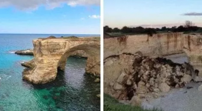 Crolla l’Arco degli Innamorati a San Valentino: un simbolo del Salento in macerie dopo le forti mareggiate e le piogge degli ultimi giorni