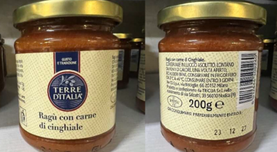 Frammento di vetro nel ragù con carne di cinghiale a marchio Terre d’Italia
