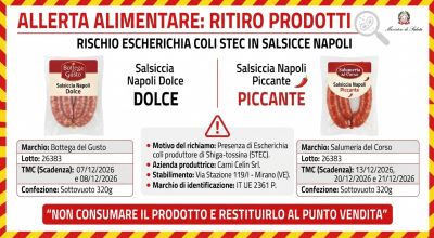 Allerta alimentare: ritirate salsicce Napoli dolci e piccanti per rischio escherichia coli stec