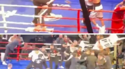 Scene vergognose mentre i tifosi scatenano l'inferno dopo un incontro di boxe per il titolo mondiale dei pesi massimi leggeri UBO