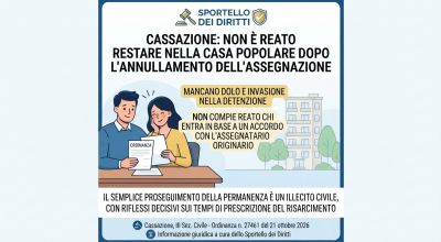 “Sportello dei Diritti”: Cassazione, non è reato restare nella casa popolare dopo l’annullamento dell’assegnazione.