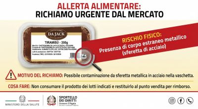 Allerta alimentare: Il Ministero della Salute richiama lotti di Tiramisù per rischio fisico
