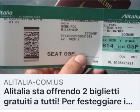 Falsi omaggi di biglietti aerei. La truffa online per finti regali di voli Alitalia.