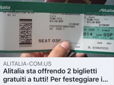 Falsi omaggi di biglietti aerei. La truffa online per finti regali di voli Alitalia. 