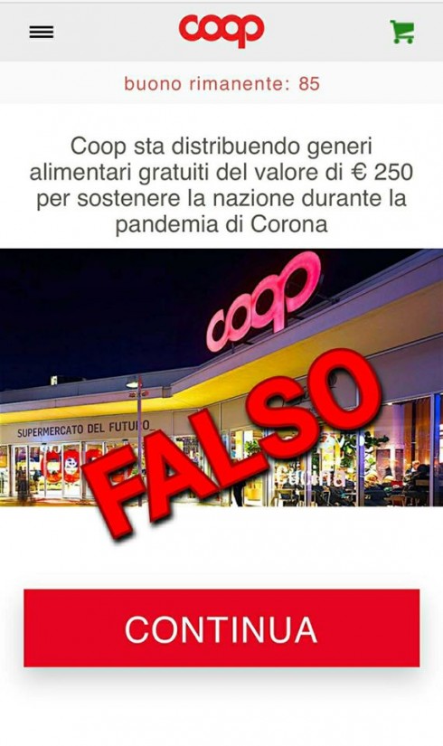 Coronavirus e truffe online a gogo con falsi buoni spesa. Circola in rete il finto voucher da 250 della COOP che ha denunciato la frode