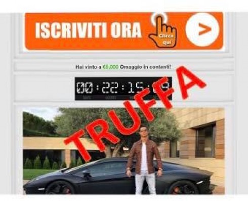 Falso concorso con l’immagine di Cristiano Ronaldo. Finta pagina web con una fantomatica vincita di una somma di denaro.
