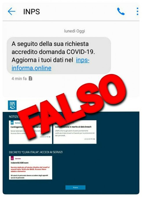 Coronavirus e INPS: falso sms che invita all’aggiornamento della domanda di bonus COVID-19.