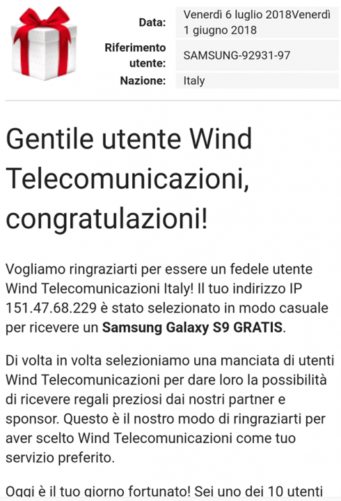 Truffe online. Finti regali di Wind. Che ovviamente non ne sa nulla. La bufala del Samsung Galaxy S9 in dono.