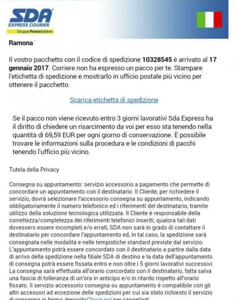 Il falso pacchetto si rivela un “pacco”. Il corriere SDA nel mirino degli hacker e truffatori telematici. 