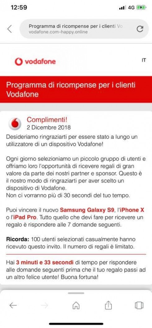 «Programma di ricompense per i clienti Vodafone»: è una nuova truffa online