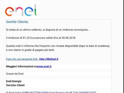 Falsi rimborsi Enel via mail. Lo “Sportello dei Diritti”: è una truffa