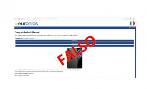 Truffe sms: falso messaggio “Euronics” che rimanda ad un sito clone che promette la vincita di un iPhone 11. 