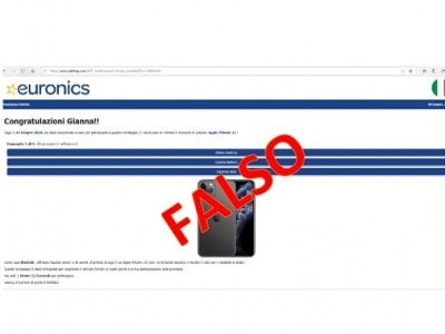 Truffe sms: falso messaggio “Euronics” che rimanda ad un sito clone che promette la vincita di un iPhone 11. 