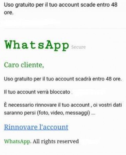 Finti Messaggi per “Whatsapp”: “Uso gratuito per il tuo account scade entro 48 ore”. Lo “Sportello dei Diritti”: è una truffa