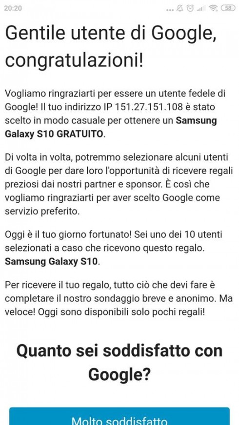 Truffe online. Finti regali di Google. Che ovviamente non ne sa nulla.La bufala del Samsung Galaxy S10 in dono.