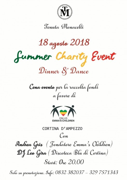 Buona Causa: "Summer Charity Event" Dinner & Dance. Cena evento per la raccolta fondi ONLUS EMMA'S CHILDREN - CORTINA D'AMPEZZO