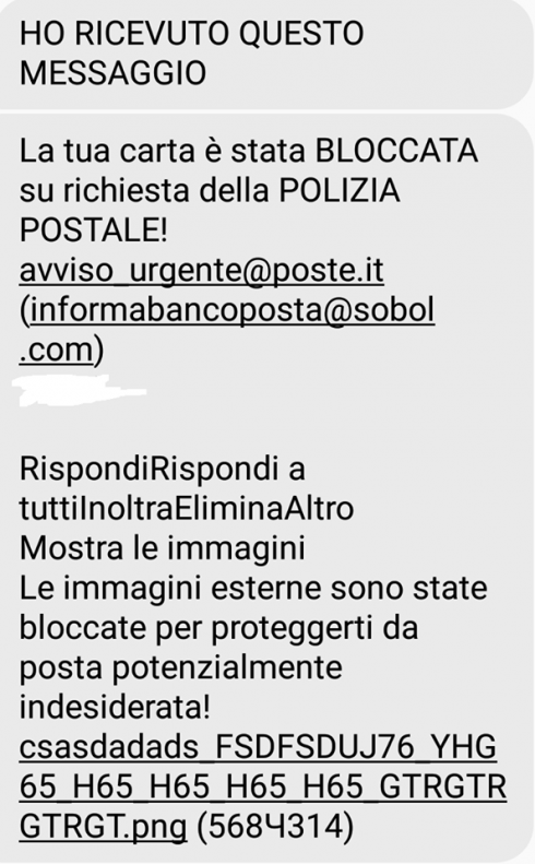 "La tua carta è stata BLOCCATA su richiesta della POLIZIA POSTALE!...": lo "Sportello dei Diritti" è un tentativo di truffa via sms o via posta elettronica