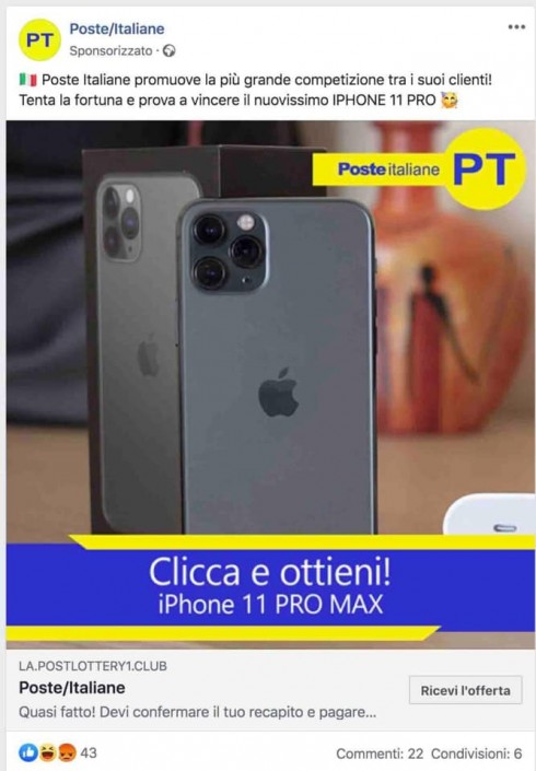 Truffe online. Finta promozione di “Poste Italiane”. Che ovviamente non ne sa nulla.