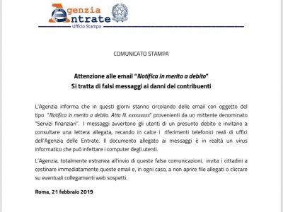 Nuove Email Truffa - "Notifica in merito a debito" - Agenzia Entrate