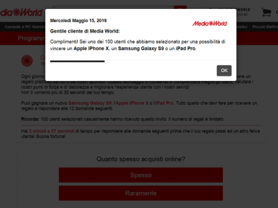 Truffe online e phishing. Mail a gogo del falso omaggio “Mediaworld” che promette la vincita di Apple Iphone X, Samsung Galaxy S9 o Ipad Pro