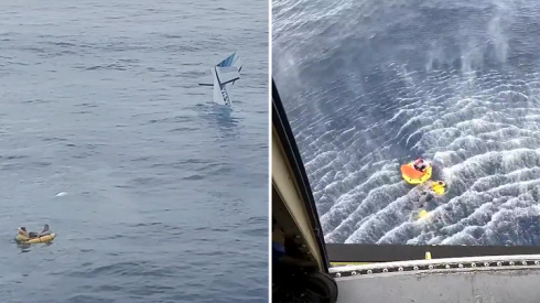 Australia: il video del drammatico momento in cui due uomini sono stati salvati dopo che il loro aereo leggero si è schiantato in acqua al largo della Sunshine Coast questa mattina