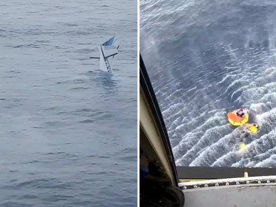 Australia: il video del drammatico momento in cui due uomini sono stati salvati dopo che il loro aereo leggero si è schiantato in acqua al largo della Sunshine Coast questa mattina