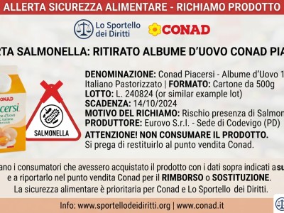 Allerta alimentare: richiamo precauzionale per salmonella spp nell'albume d'uovo "Conad Piacersi"