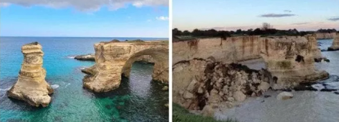 Crolla l&rsquo;Arco degli Innamorati a San Valentino: un simbolo del Salento in macerie dopo le forti mareggiate e le piogge degli ultimi giorni