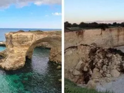 Crolla l&rsquo;Arco degli Innamorati a San Valentino: un simbolo del Salento in macerie dopo le forti mareggiate e le piogge degli ultimi giorni