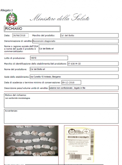 Non conformità microbiologiche, Ministero della Salute ritira salame "Bocconcini stagionato"  della Ca' del Botto