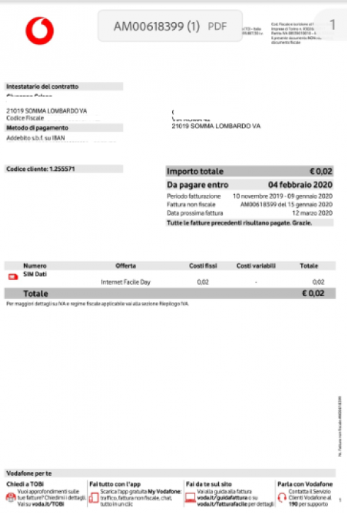 Varese, bolletta telefonica di 2 centesimi da pagare.