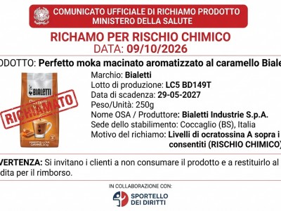 Bialetti Industrie S.p.A. ritira un lotto di "Perfetto Moka" macinato aromatizzato al caramello