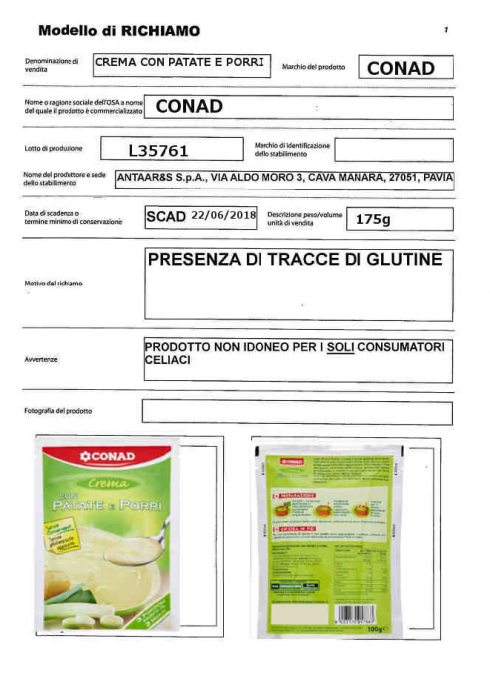 Crema con patate e porri richiamate per presenza indesiderata di glutine