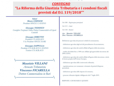 Cassino, venerdì 14 dicembre 2018 convegno sulla riforma della giustizia tributaria e sui condoni fiscali