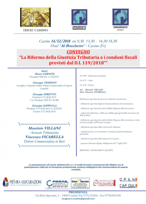 Cassino, venerdì 14 dicembre 2018 convegno sulla riforma della giustizia tributaria e sui condoni fiscali