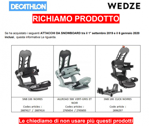 Decathlon richiama attacchi da snowboard difettosi: rischio lesioni anche gravi.