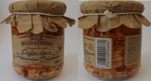 Delizie di Calabria ritira lotto vasi di Aglio, olio e peperoncino di Calabria: "i tappi non sono stati chiusi correttamente"