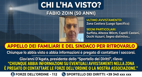 Chi l’ha visto? Scomparso Fabio Zoin: l’appello di familiari, Sindaco di Stra e Sportello dei Diritti