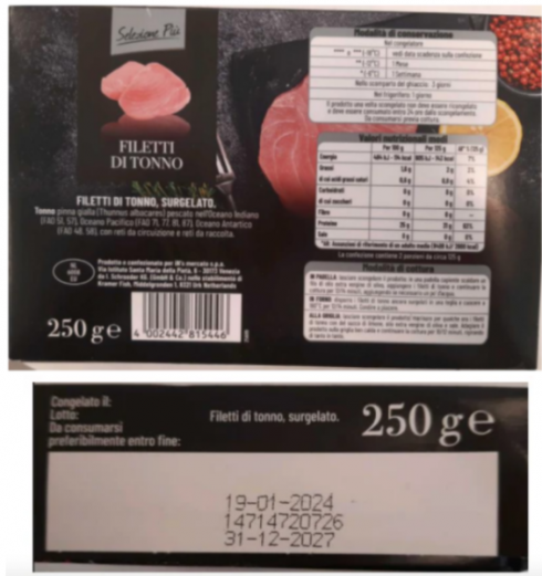 Sicurezza alimentare: richiamati filetti di tonno surgelati IN&rsquo;s Mercato per rischio istamina