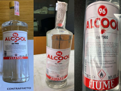 Avviso ai consumatori, bottiglie di alcol a marchio Fiume contraffatte e bollo di Stato imitato