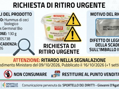 Allerta alimentare, richiamato lotto di hummus di ceci Bio Germinal bio per scadenza illeggibile