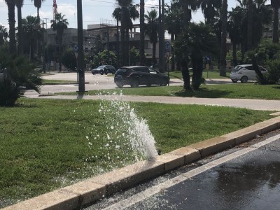 Sprechi a Lecce. L’irrigatore si rompe, l’acqua zampilla a litri in pieno centro e i vigili non rispondono.