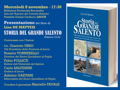 Lecce, Biblioteca Provinciale Bernardini, mercoledì presentazione del libro “Storia del Grande Salento"