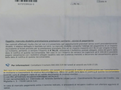 Visite mediche Lecce: l’Asl batte cassa, torna la multa per le mancate disdette