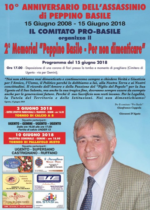 10 anni dall’assassinio di Peppino Basile. Oggi parte il “2° Memorial Peppino Basile – Per Non Dimenticare”.