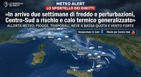 Meteo, lo Sportello dei Diritti: &laquo;In arrivo due settimane di freddo e perturbazioni, Centro-Sud a rischio e calo termico generalizzato&raquo;