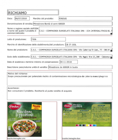 Listeria nei surgelati, domenica di allerte per il Ministero della salute: 14 SOS lanciati per lotti di minestrone surgelato “FINDUS”.