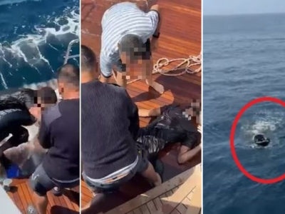 Solo in mezzo al mare aveva addosso solo un salvagente e delle pinne – Il video 