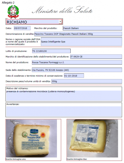 Listeria monocytogenes in Pecorino Toscano DOP Stagionato Pascoli Italiani